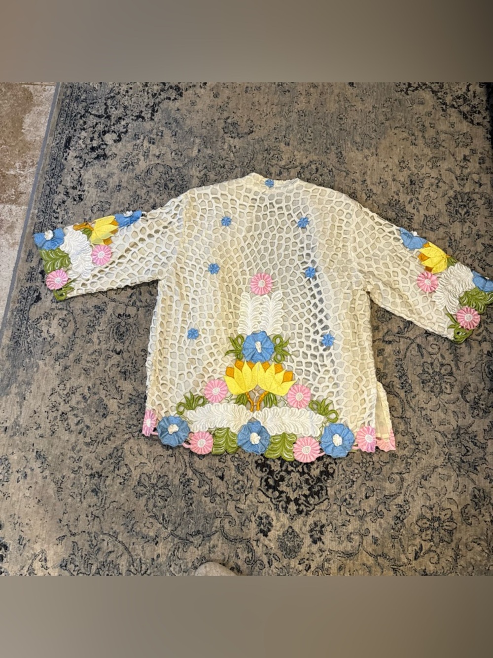Vintage 1970s floral appliqué and eyelet cardigan